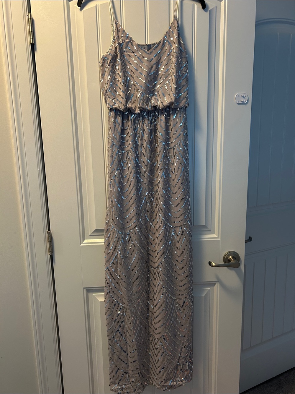 Beaded Taupe Maxi Dress with Silver Sequins